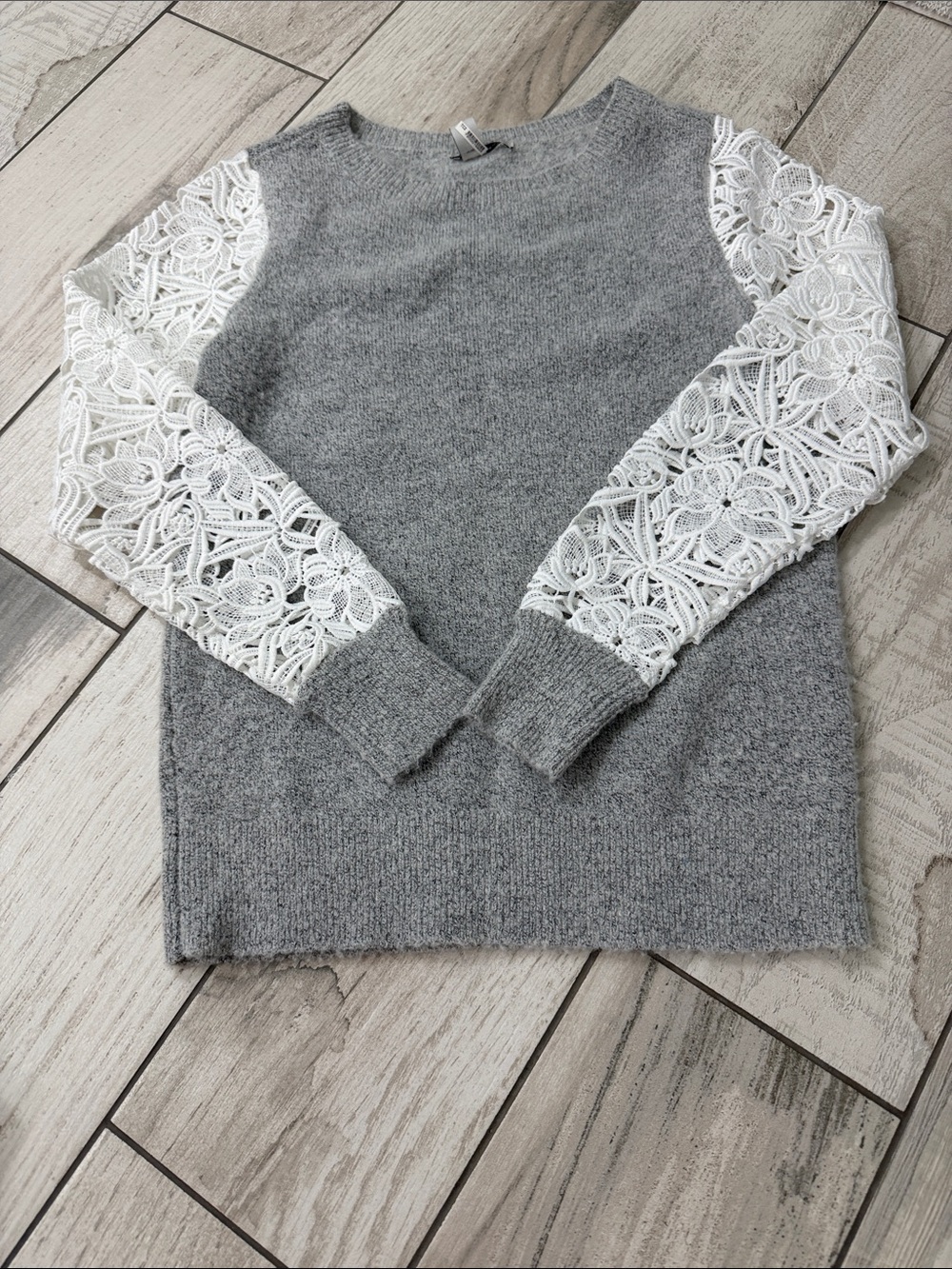 Halogen Gray Crewneck Sweater with White Lace Sleeves